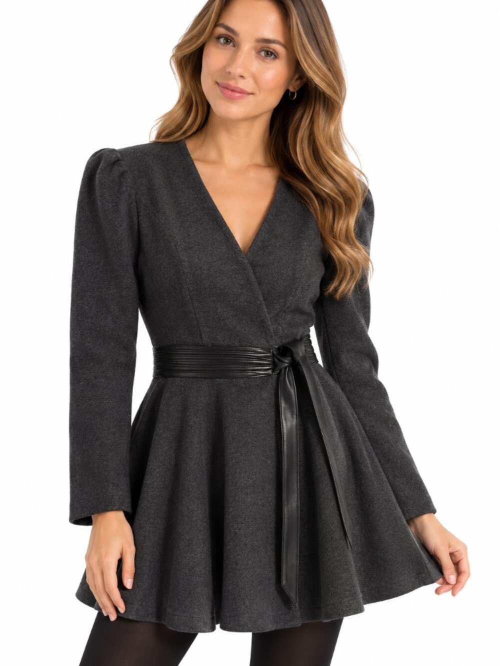 Ka Pu Mi Dark Grey Fit & Flare Coat with Faux Leather Waist Belt Size M